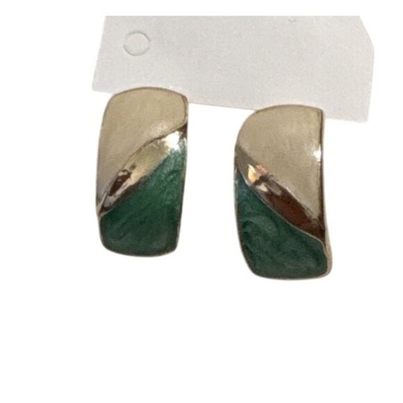 Gold-Tone & Turquoise Beige Enamel Curved Rectangle Half Hoop Earrings Stunning - Picture 1 of 8